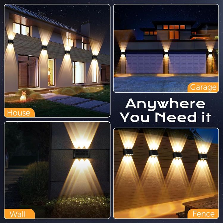 Picture of Quntis 6 Lens Large Up Down Solar Fence Lights Outdoor, 4Pack Warm White & RGB Wall Lights 13 Modes Auto Cycle, 12H Runtime IP65 Waterproof Led Solar Lights for Garden Patio Deck Courtyards Gate Step