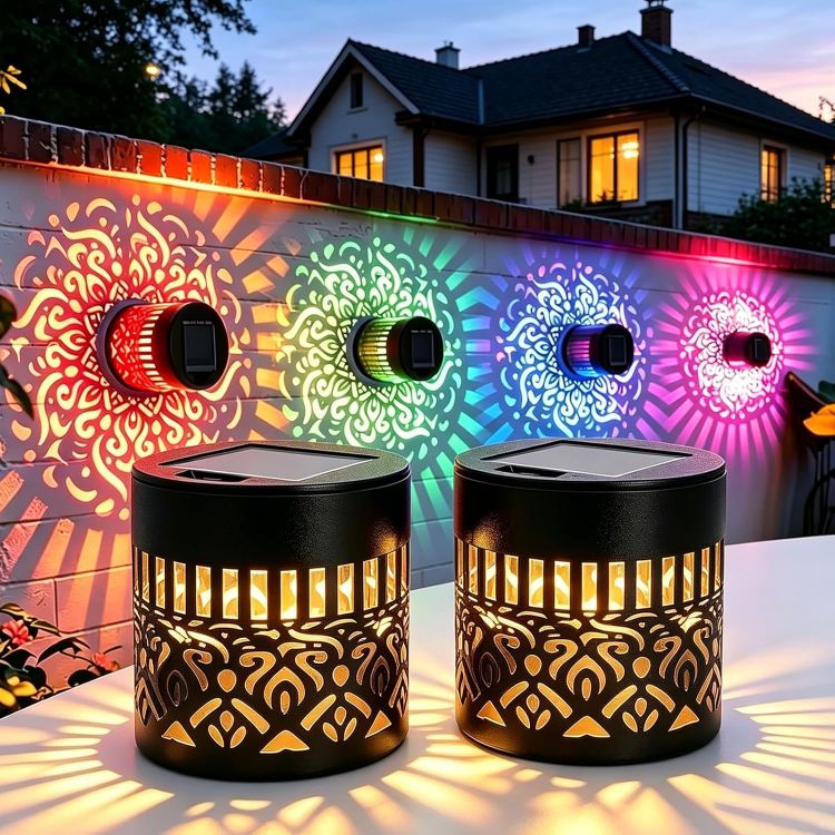 Picture of 2PCS Solar Mandala Wall Lights, Seven-Color Changing Outdoor Decorative Projection Lamp, Waterproof Metal Fence Light for Yard Garden Patio Backyard Post [Energy Class A]