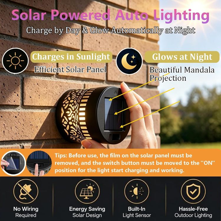 Picture of 2PCS Solar Mandala Wall Lights, Seven-Color Changing Outdoor Decorative Projection Lamp, Waterproof Metal Fence Light for Yard Garden Patio Backyard Post [Energy Class A]
