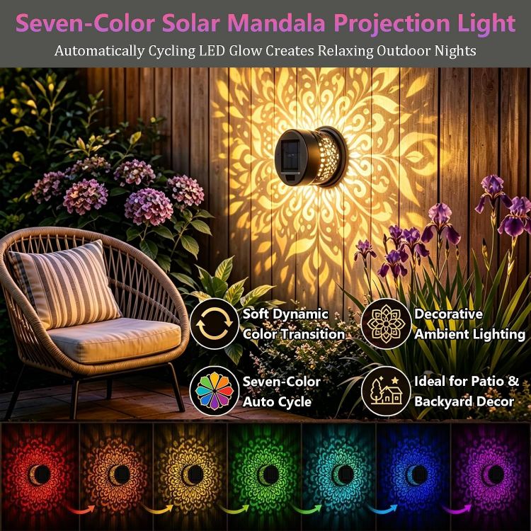 Picture of 2PCS Solar Mandala Wall Lights, Seven-Color Changing Outdoor Decorative Projection Lamp, Waterproof Metal Fence Light for Yard Garden Patio Backyard Post [Energy Class A]