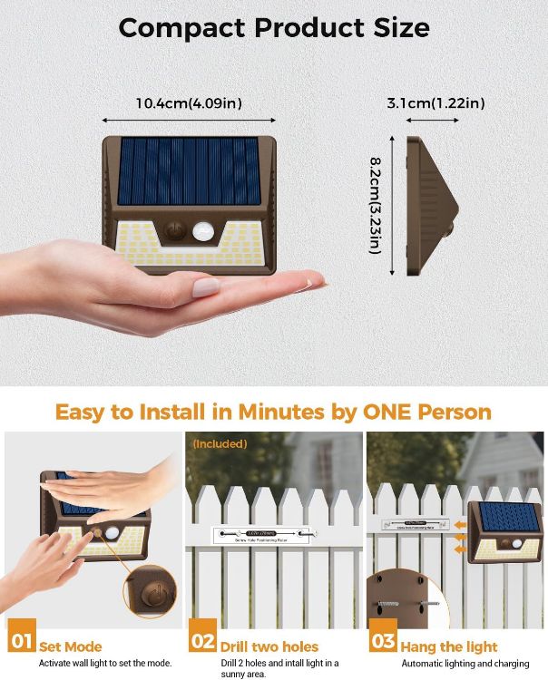 Picture of Solar Lights Outdoor Motion Sensor- Led Security Light IP65 Waterproof, 3 Lighting Modes, Super Bright Pir Flood Lights for Wall Garden Fence Yard Driveway Path - Brown