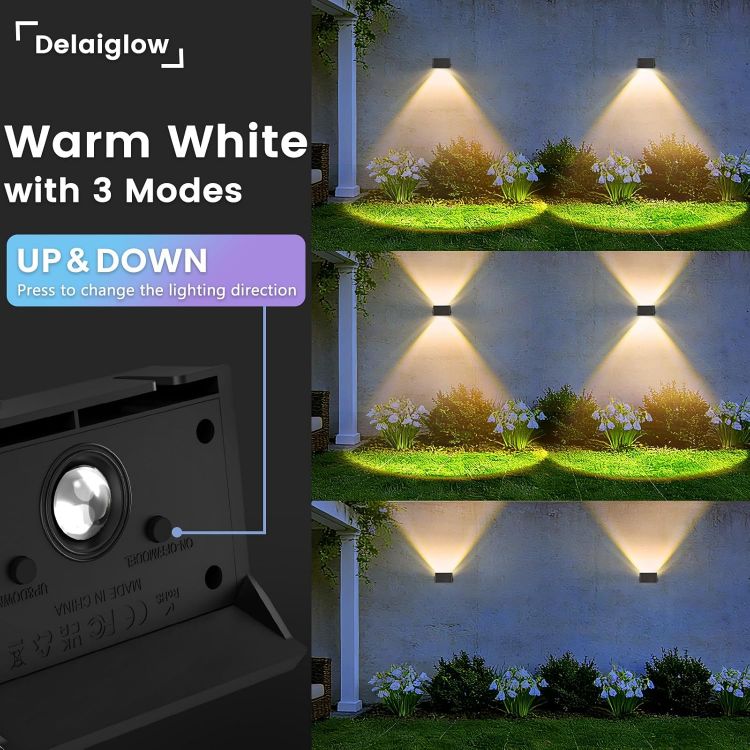 Picture of Solar Fence Lights Outdoor, Solar Up and Down Wall Lights, 2 Pack, Warm White, Waterproof IP67, 3 Light Modes, Auto On/Off for Garden, Fence, Patio & Yard