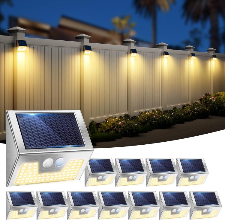 Picture of Solar Lights Outdoor Motion Sensor- Stainless Steel Led Security Lights IP65 Waterproof, 3 Lighting Modes, Warm White Brushed Nickel Pir Flood Lights for Wall Garden Yard Path