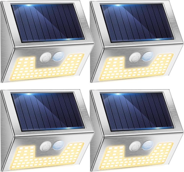 Picture of Solar Lights Outdoor Motion Sensor- Stainless Steel Led Security Lights IP65 Waterproof, 3 Lighting Modes, Warm White Brushed Nickel Pir Flood Lights for Wall Garden Yard Path
