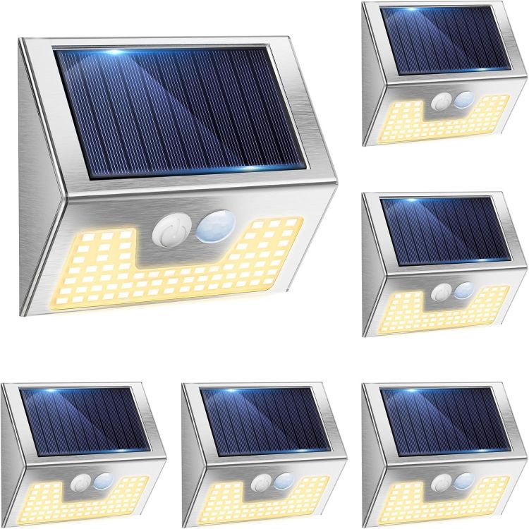 Picture of Solar Lights Outdoor Motion Sensor- Stainless Steel Led Security Lights IP65 Waterproof, 3 Lighting Modes, Warm White Brushed Nickel Pir Flood Lights for Wall Garden Yard Path