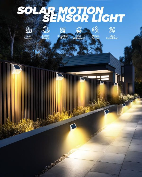 Picture of Solar Lights Outdoor Motion Sensor- Stainless Steel Led Security Lights IP65 Waterproof, 3 Lighting Modes, Warm White Brushed Nickel Pir Flood Lights for Wall Garden Yard Path