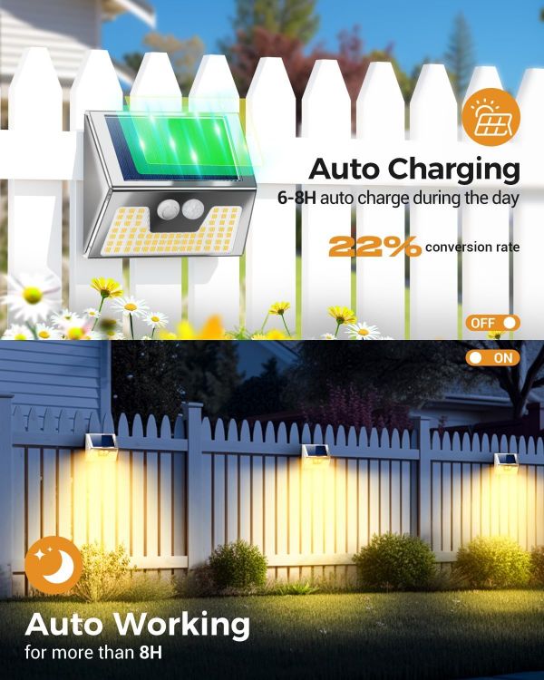 Picture of Solar Lights Outdoor Motion Sensor- Stainless Steel Led Security Lights IP65 Waterproof, 3 Lighting Modes, Warm White Brushed Nickel Pir Flood Lights for Wall Garden Yard Path