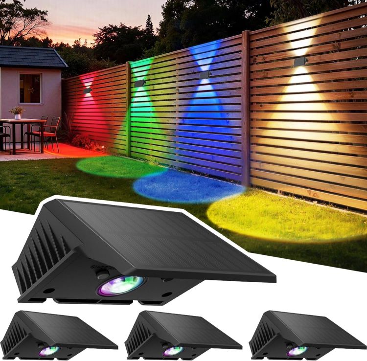 Picture of Solar Fence Lights Outdoor - 4 Pack RGB Solar Wall Lights with 5 Colour Modes, IP67 Waterproof, 3 Light Direction Modes for Garden, Fence & Patio 