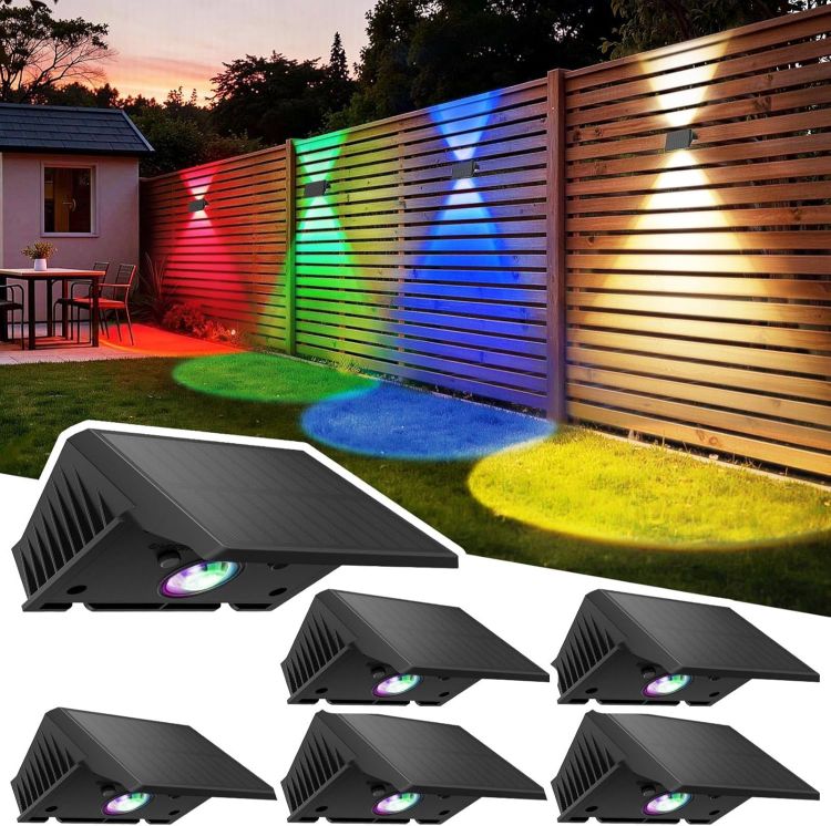 Picture of Solar Fence Lights Outdoor - 4 Pack RGB Solar Wall Lights with 5 Colour Modes, IP67 Waterproof, 3 Light Direction Modes for Garden, Fence & Patio 