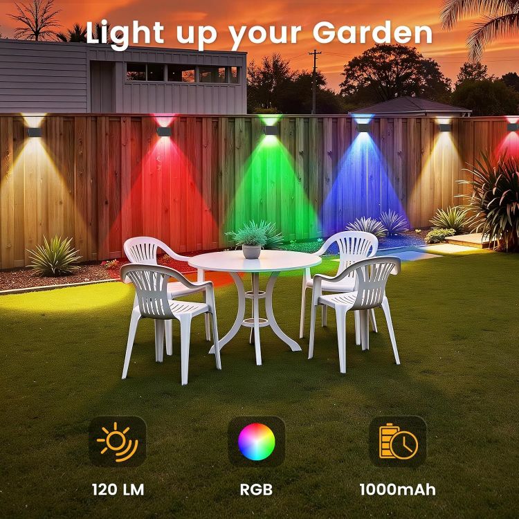 Picture of Solar Fence Lights Outdoor - 4 Pack RGB Solar Wall Lights with 5 Colour Modes, IP67 Waterproof, 3 Light Direction Modes for Garden, Fence & Patio 