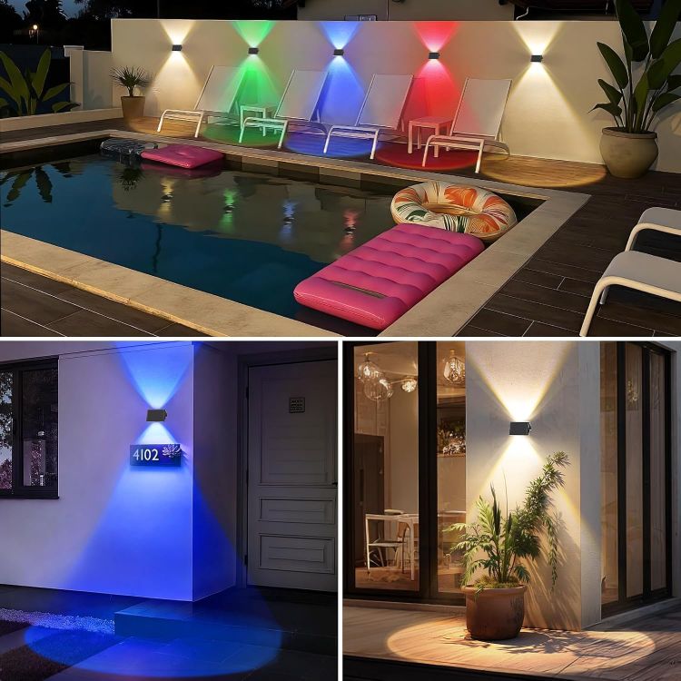 Picture of Solar Fence Lights Outdoor - 4 Pack RGB Solar Wall Lights with 5 Colour Modes, IP67 Waterproof, 3 Light Direction Modes for Garden, Fence & Patio 