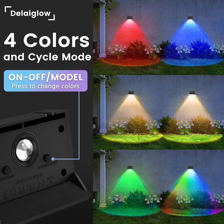 Picture of Solar Fence Lights Outdoor - 4 Pack RGB Solar Wall Lights with 5 Colour Modes, IP67 Waterproof, 3 Light Direction Modes for Garden, Fence & Patio 