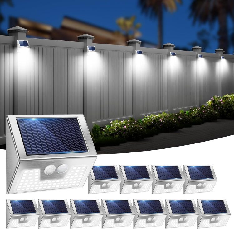 Picture of vighep Solar Lights Outdoor Motion Sensor- Stainless Steel Led Security Lights IP65 Waterproof, 3 Lighting Modes, Cold White Brushed Nickel Pir Flood Lights for Wall Garden Yard Path