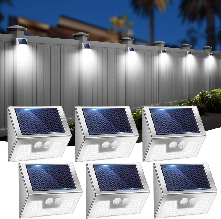 Picture of vighep Solar Lights Outdoor Motion Sensor- Stainless Steel Led Security Lights IP65 Waterproof, 3 Lighting Modes, Cold White Brushed Nickel Pir Flood Lights for Wall Garden Yard Path