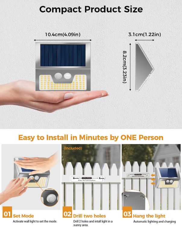 Picture of vighep Solar Lights Outdoor Motion Sensor- Stainless Steel Led Security Lights IP65 Waterproof, 3 Lighting Modes, Cold White Brushed Nickel Pir Flood Lights for Wall Garden Yard Path