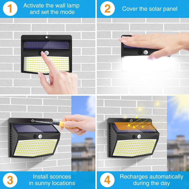 Picture of Peasur Solar Security Lights Outdoor Motion Sensor, 168LED 4 Pack Solar Powered Lights Outdoor Garden with 3 Modes, IP65 Waterproof Fence Lighting for Outside Yard Porch Step Deck