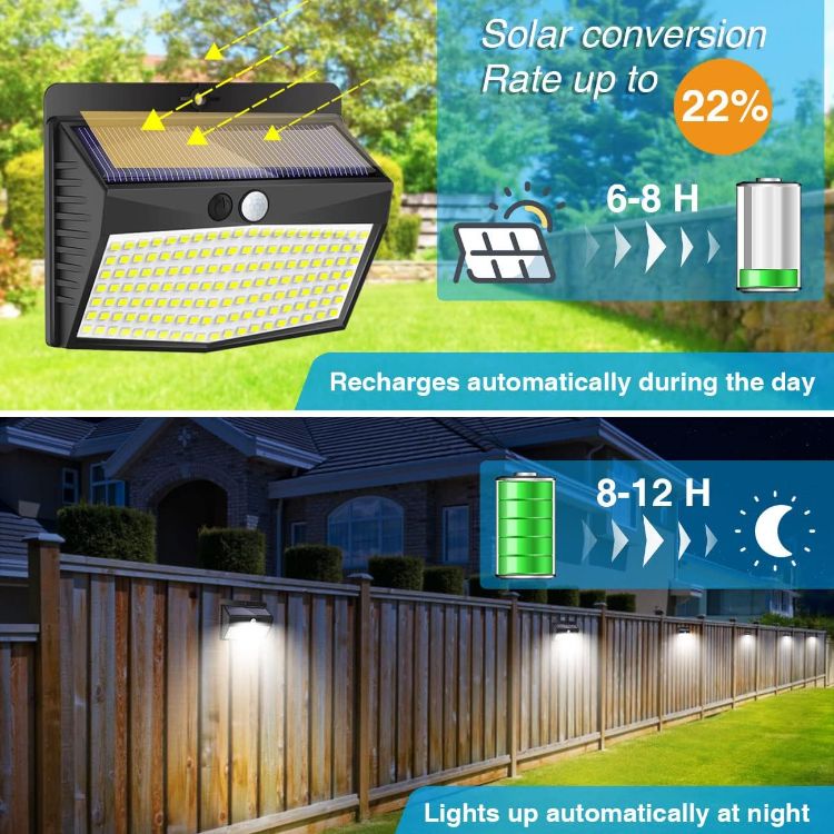 Picture of Peasur Solar Security Lights Outdoor Motion Sensor, 168LED 4 Pack Solar Powered Lights Outdoor Garden with 3 Modes, IP65 Waterproof Fence Lighting for Outside Yard Porch Step Deck