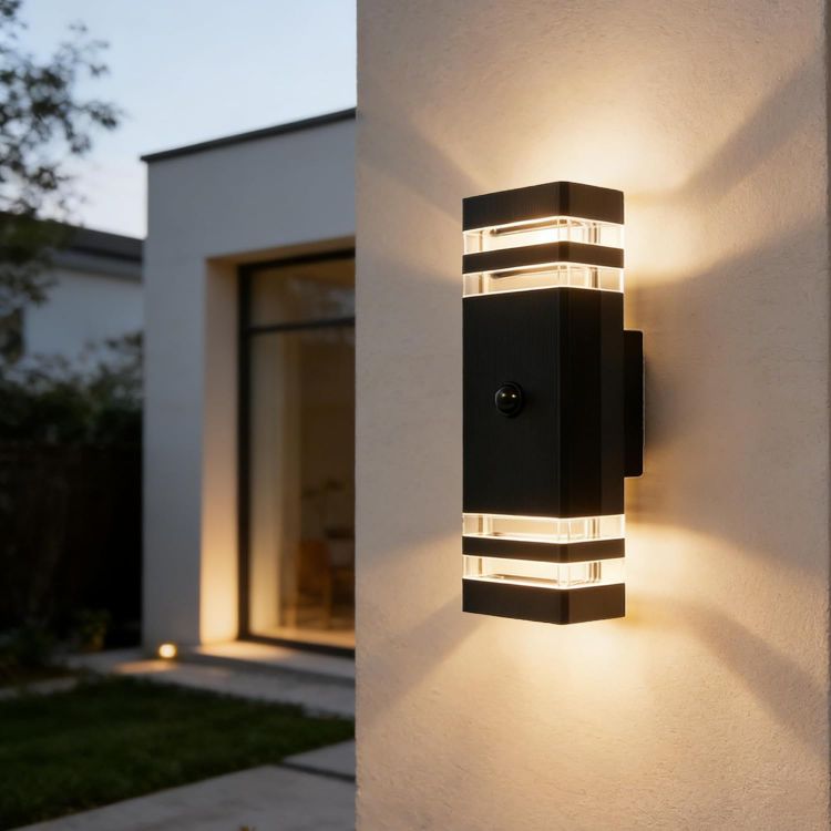 Picture of PIR Outdoor Wall Lights with Motion Sensor, IP54 Waterproof Up Down Outside Light Mains Powered Front Door Porch Light Exterior Sconce Lamp Included 4x5w 3000K GU10 Bulb, Black, 2 Pack