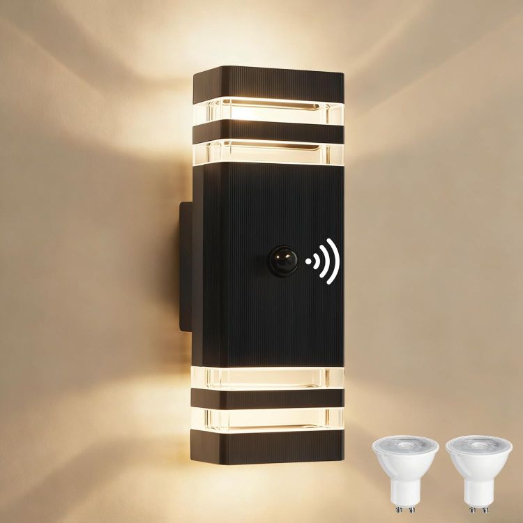 Picture of PIR Outdoor Wall Lights with Motion Sensor, IP54 Waterproof Up Down Outside Light Mains Powered Front Door Porch Light Exterior Sconce Lamp Included 4x5w 3000K GU10 Bulb, Black, 2 Pack
