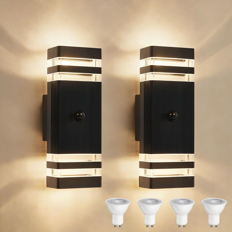 Picture of PIR Outdoor Wall Lights with Motion Sensor, IP54 Waterproof Up Down Outside Light Mains Powered Front Door Porch Light Exterior Sconce Lamp Included 4x5w 3000K GU10 Bulb, Black, 2 Pack