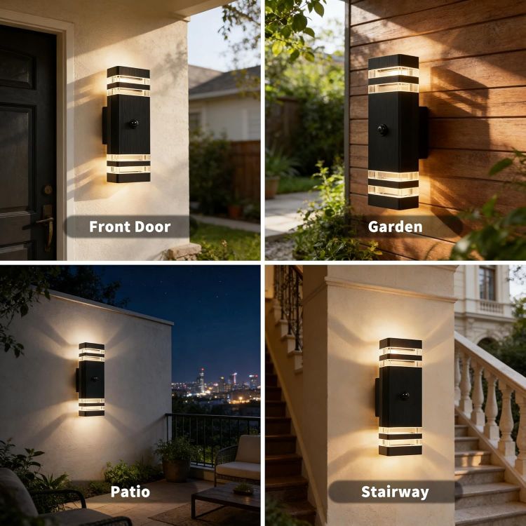 Picture of PIR Outdoor Wall Lights with Motion Sensor, IP54 Waterproof Up Down Outside Light Mains Powered Front Door Porch Light Exterior Sconce Lamp Included 4x5w 3000K GU10 Bulb, Black, 2 Pack