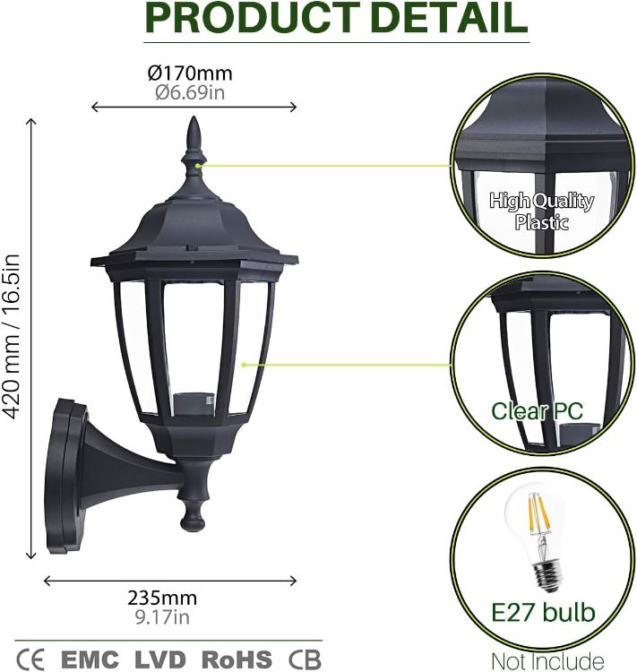Picture of EBION Outdoor Wall Light,Outdoor Wall Lantern IP44 Waterproof,Traditional Black Outside Exterior Wall Sconce for Garden,Porch,Garage,Patio,Corridor,(Bulb Not Include) 
