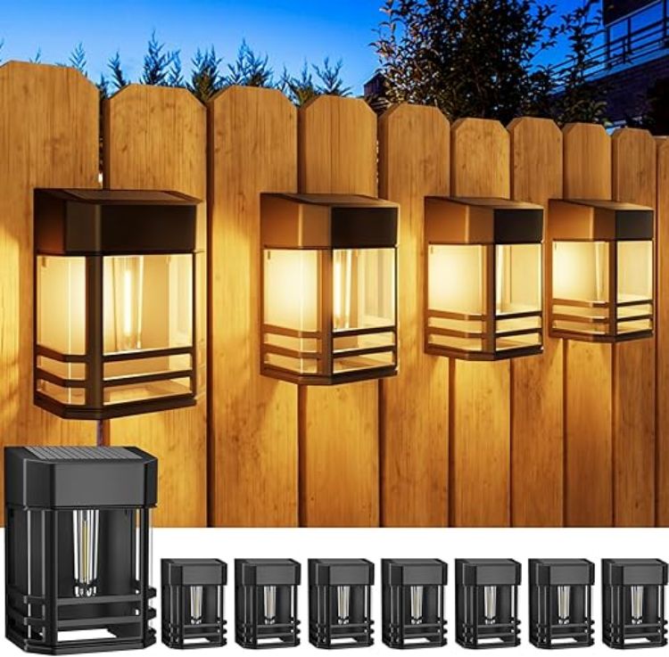 Picture of Woolmug 2 Pack Solar Fence Lights Outdoor Garden, Waterproof Retro LED Wall Lights, Auto On/Off Solar Lights Outdoor Garden Fence Lighting for Patio Decking Gate Yard Decoration, Warm White