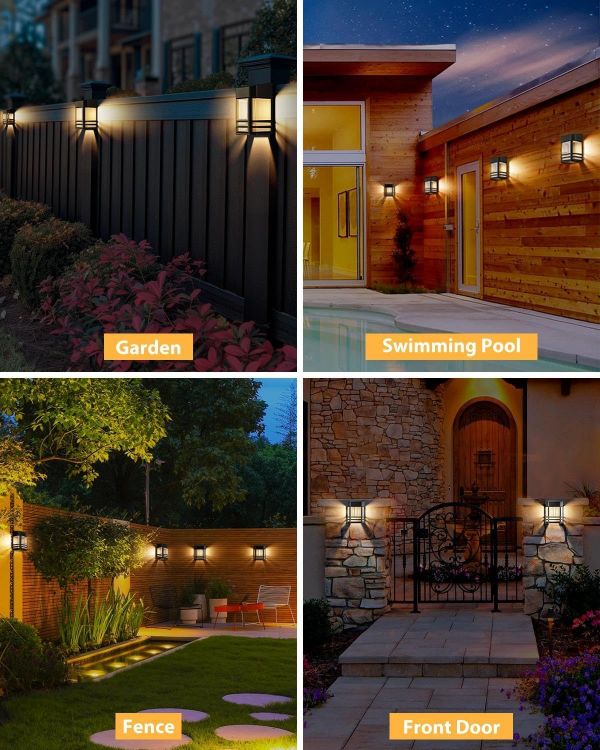 Picture of Woolmug 2 Pack Solar Fence Lights Outdoor Garden, Waterproof Retro LED Wall Lights, Auto On/Off Solar Lights Outdoor Garden Fence Lighting for Patio Decking Gate Yard Decoration, Warm White