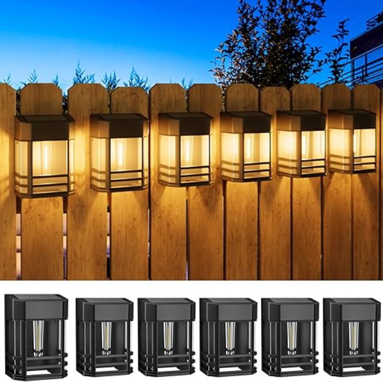 Picture of Woolmug 2 Pack Solar Fence Lights Outdoor Garden, Waterproof Retro LED Wall Lights, Auto On/Off Solar Lights Outdoor Garden Fence Lighting for Patio Decking Gate Yard Decoration, Warm White