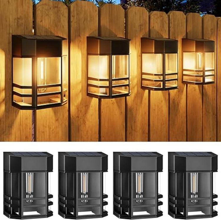 Picture of Woolmug 2 Pack Solar Fence Lights Outdoor Garden, Waterproof Retro LED Wall Lights, Auto On/Off Solar Lights Outdoor Garden Fence Lighting for Patio Decking Gate Yard Decoration, Warm White