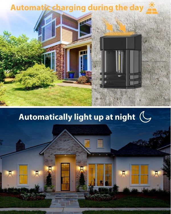 Picture of Woolmug 2 Pack Solar Fence Lights Outdoor Garden, Waterproof Retro LED Wall Lights, Auto On/Off Solar Lights Outdoor Garden Fence Lighting for Patio Decking Gate Yard Decoration, Warm White