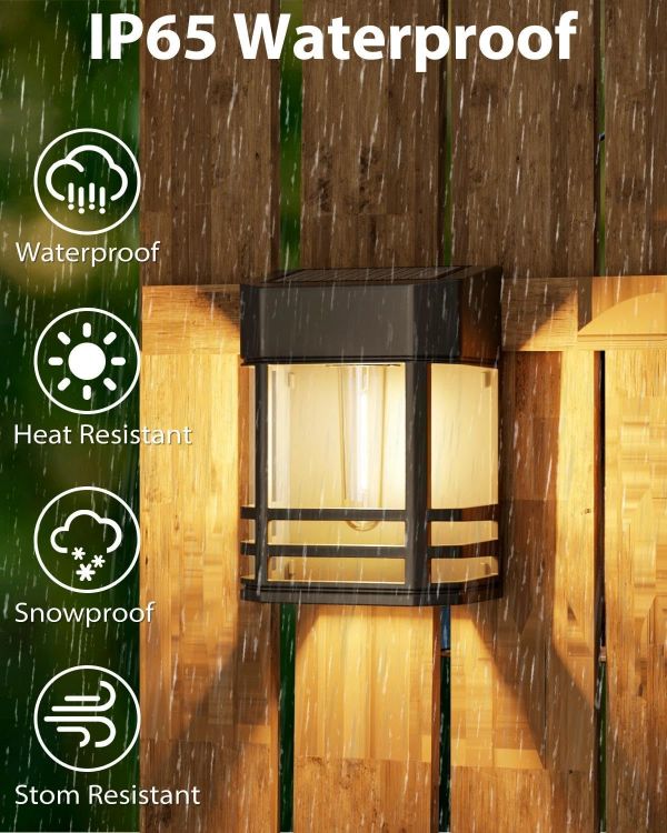 Picture of Woolmug 2 Pack Solar Fence Lights Outdoor Garden, Waterproof Retro LED Wall Lights, Auto On/Off Solar Lights Outdoor Garden Fence Lighting for Patio Decking Gate Yard Decoration, Warm White