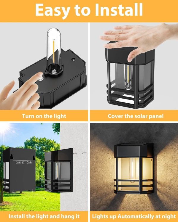 Picture of Woolmug 2 Pack Solar Fence Lights Outdoor Garden, Waterproof Retro LED Wall Lights, Auto On/Off Solar Lights Outdoor Garden Fence Lighting for Patio Decking Gate Yard Decoration, Warm White