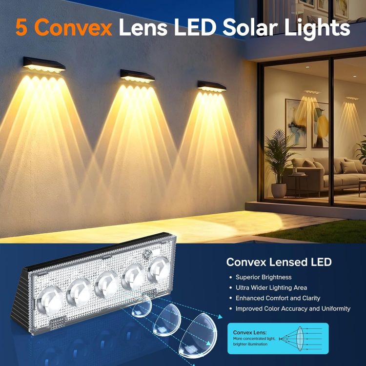 Picture of GEARLITE Solar Fence Lights 4Pack, 5-Convex Lens Solar Lights Outdoor Garden, Warm/Warm White/Cool White & RGB 9 Colors 10 Modes Garden Fence Solar Lights, Outside Wall Light for Yard Pathway Pool 