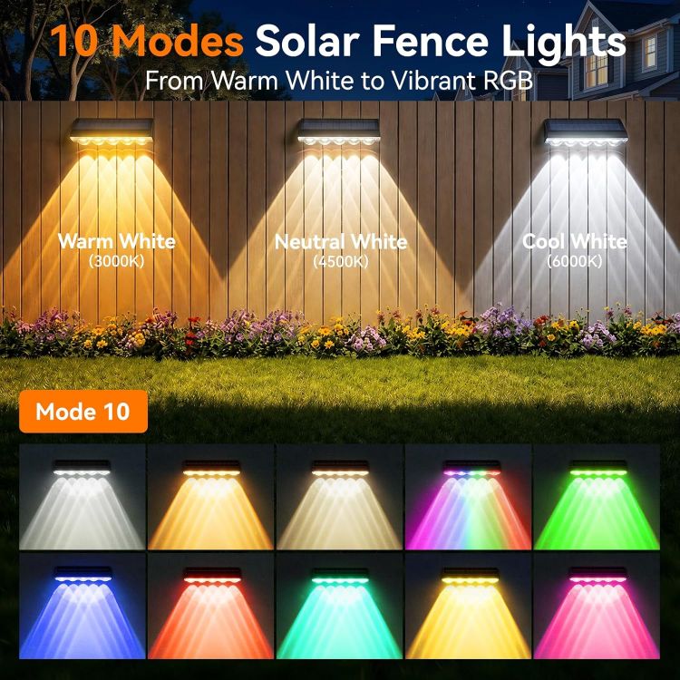 Picture of GEARLITE Solar Fence Lights 4Pack, 5-Convex Lens Solar Lights Outdoor Garden, Warm/Warm White/Cool White & RGB 9 Colors 10 Modes Garden Fence Solar Lights, Outside Wall Light for Yard Pathway Pool 