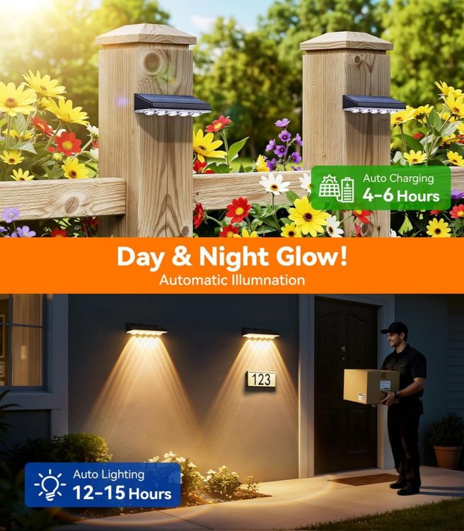 Picture of GEARLITE Solar Fence Lights 4Pack, 5-Convex Lens Solar Lights Outdoor Garden, Warm/Warm White/Cool White & RGB 9 Colors 10 Modes Garden Fence Solar Lights, Outside Wall Light for Yard Pathway Pool 