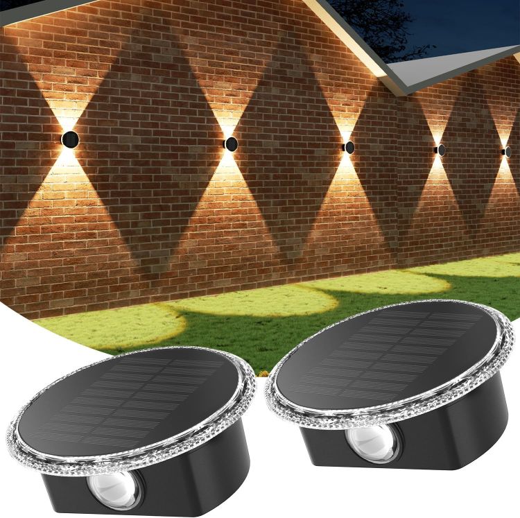 Picture of ELLASAY Solar Up and Down Lights Outdoor: 2-Pack Round Solar Wall Lights with Soft Dual LED Lighting, IP65 Waterproof, 3 Colour Modes for Fence/Patio/Garden Decorative Lighting [Energy Class F]