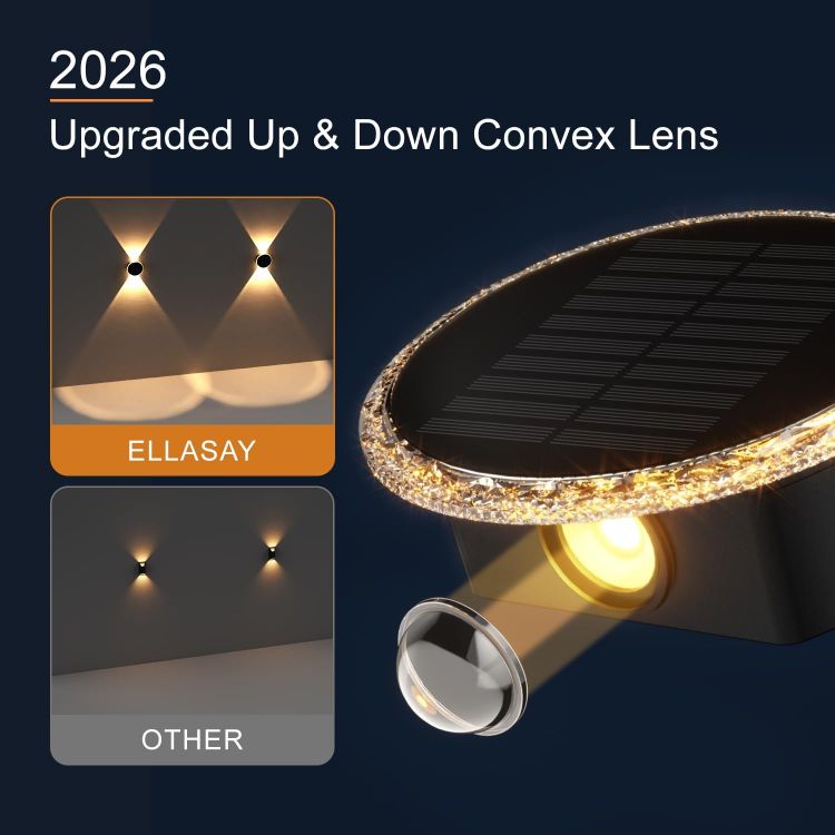 Picture of ELLASAY Solar Up and Down Lights Outdoor: 2-Pack Round Solar Wall Lights with Soft Dual LED Lighting, IP65 Waterproof, 3 Colour Modes for Fence/Patio/Garden Decorative Lighting [Energy Class F]