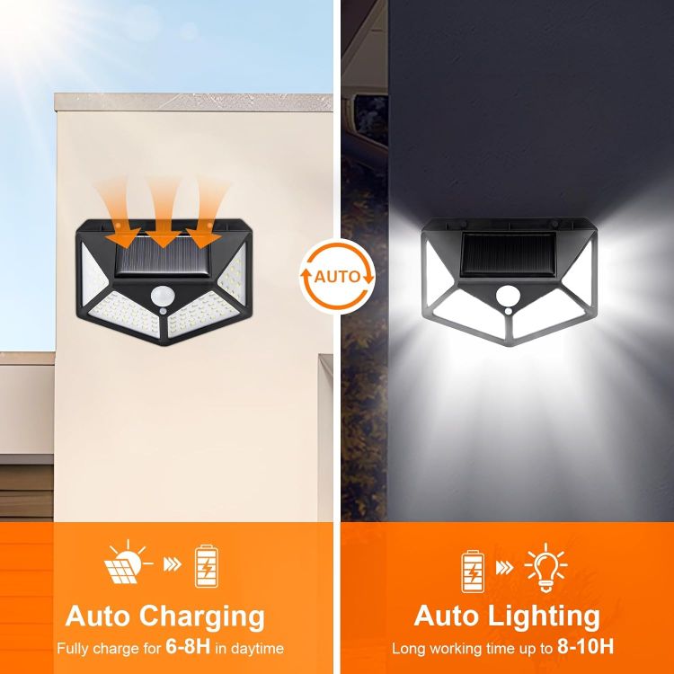 Picture of GRIFEMA Solar Security Lights with Motion Sensor | 100 LEDs, 3 Modes, 270 Degree Wide Angle, IP65, 800mAh Battery, Waterproof Solar Wall Lights for Outdoor Garden
