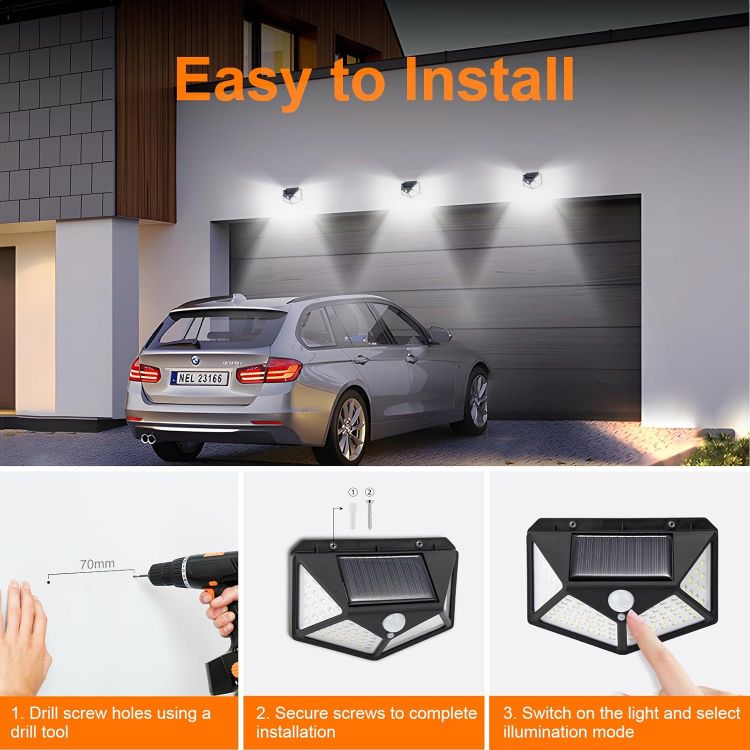 Picture of GRIFEMA Solar Security Lights with Motion Sensor | 100 LEDs, 3 Modes, 270 Degree Wide Angle, IP65, 800mAh Battery, Waterproof Solar Wall Lights for Outdoor Garden
