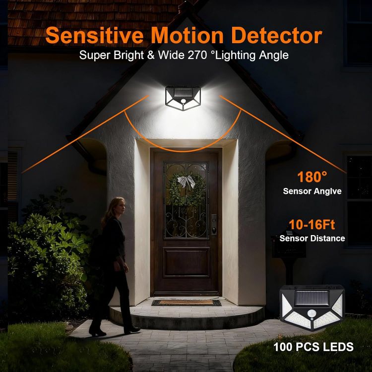 Picture of GRIFEMA Solar Security Lights with Motion Sensor | 100 LEDs, 3 Modes, 270 Degree Wide Angle, IP65, 800mAh Battery, Waterproof Solar Wall Lights for Outdoor Garden