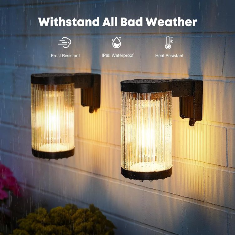 Picture of LETMY Solar Fence Lights Outdoor Garden, 2 Pack Super Bright Solar Wall Lights Outdoor with LED Tungsten Filament, Waterproof Garden Lights Solar Powered for Patio Yard Fence Decoration(Warm White) [Energy Class G]