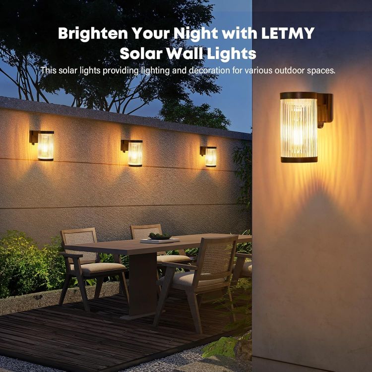 Picture of LETMY Solar Fence Lights Outdoor Garden, 2 Pack Super Bright Solar Wall Lights Outdoor with LED Tungsten Filament, Waterproof Garden Lights Solar Powered for Patio Yard Fence Decoration(Warm White) [Energy Class G]