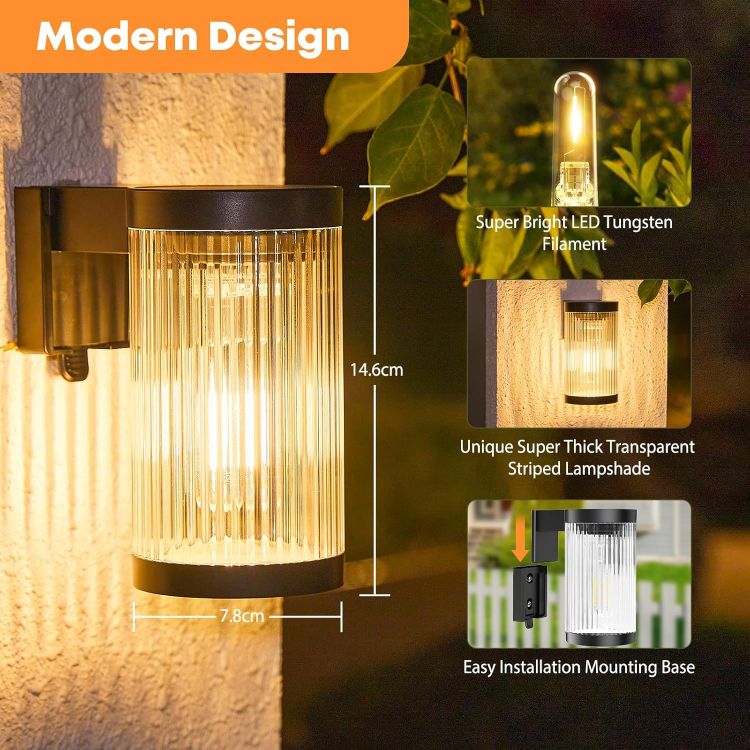 Picture of LETMY Solar Fence Lights Outdoor Garden, 2 Pack Super Bright Solar Wall Lights Outdoor with LED Tungsten Filament, Waterproof Garden Lights Solar Powered for Patio Yard Fence Decoration(Warm White) [Energy Class G]