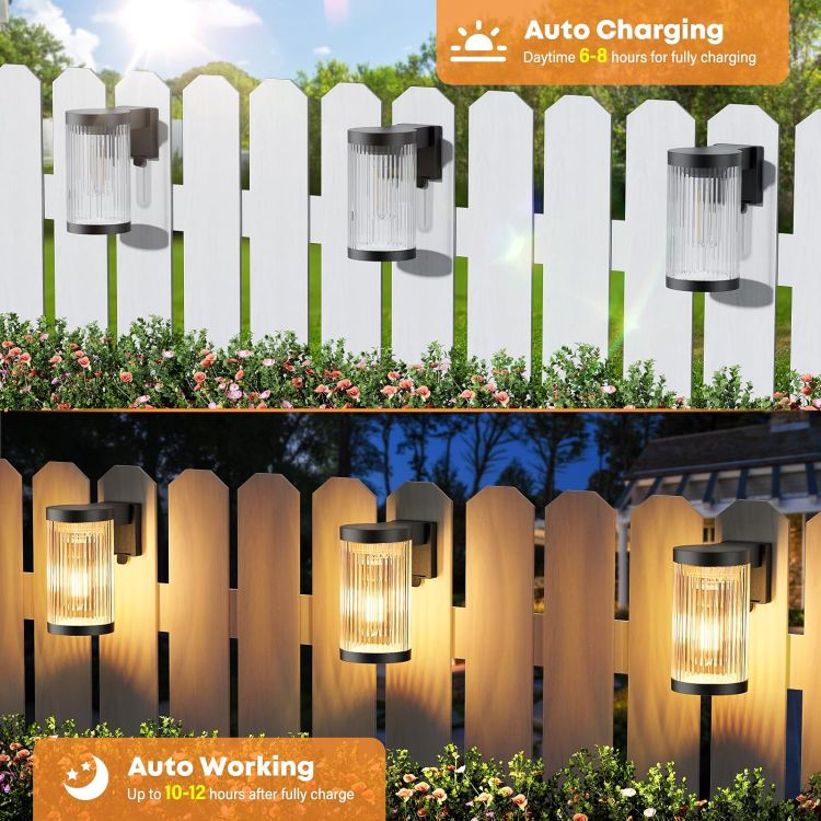 Picture of LETMY Solar Fence Lights Outdoor Garden, 2 Pack Super Bright Solar Wall Lights Outdoor with LED Tungsten Filament, Waterproof Garden Lights Solar Powered for Patio Yard Fence Decoration(Warm White) [Energy Class G]