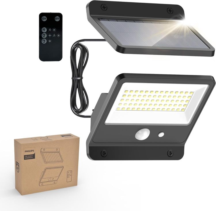 Picture of Philips Solar Security Outdoor LED 6500K, Solar-Powered Flood w/PIR Motion Sensor, Remote Control w/16ft Cable, IP65 Waterproof, 3 Modes (1) [Energy Class A]