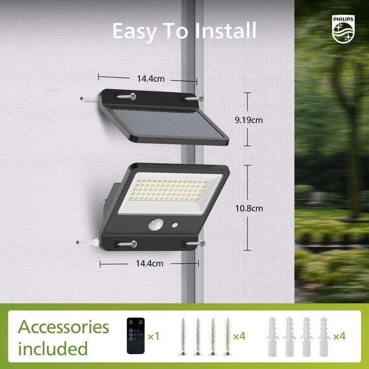 Picture of Philips Solar Security Outdoor LED 6500K, Solar-Powered Flood w/PIR Motion Sensor, Remote Control w/16ft Cable, IP65 Waterproof, 3 Modes (1) [Energy Class A]