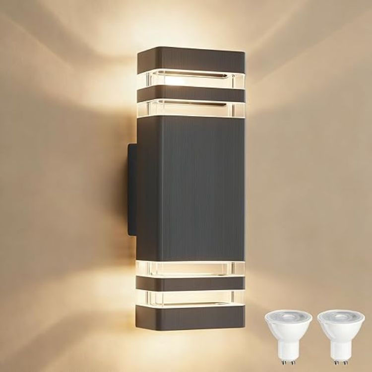 Picture of Outdoor Wall Lights Mains Powered Up Down Outside Light IP54 Waterproof Porch Front Door Light Modern Square Lighting Exterior Sconce Lamp Included 2 x 5W 3000K GU10 Bulbs for House, Anthracite Grey 