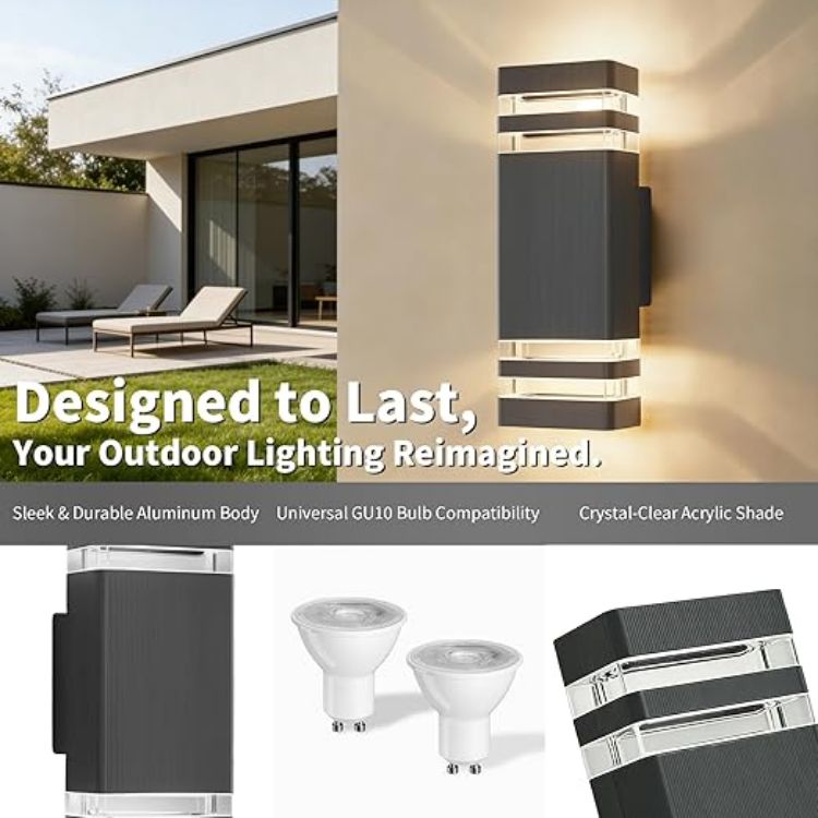 Picture of Outdoor Wall Lights Mains Powered Up Down Outside Light IP54 Waterproof Porch Front Door Light Modern Square Lighting Exterior Sconce Lamp Included 2 x 5W 3000K GU10 Bulbs for House, Anthracite Grey 