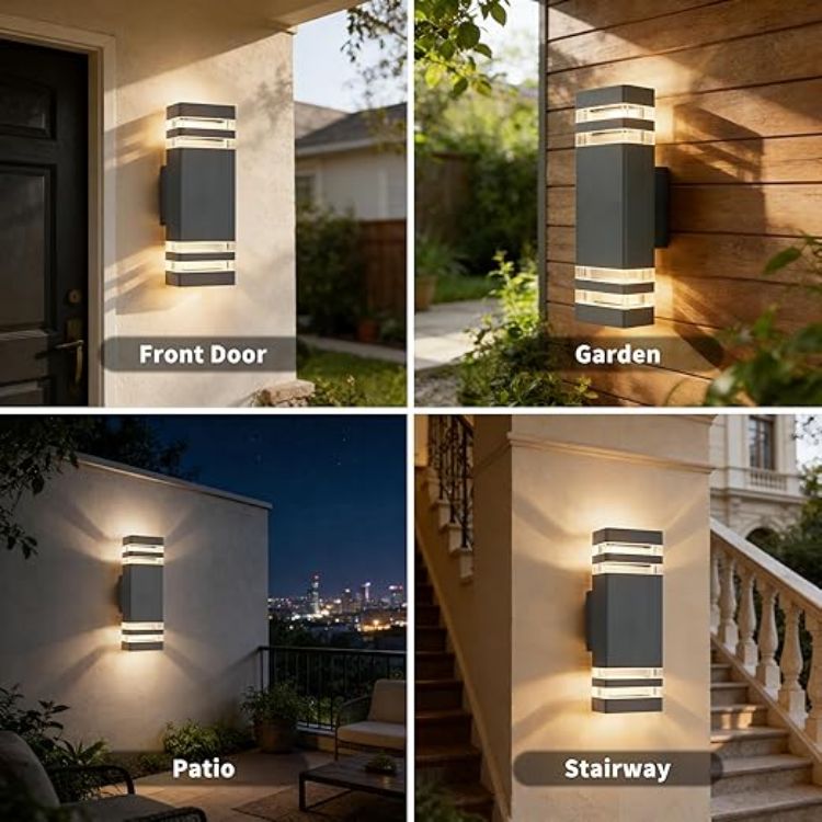 Picture of Outdoor Wall Lights Mains Powered Up Down Outside Light IP54 Waterproof Porch Front Door Light Modern Square Lighting Exterior Sconce Lamp Included 2 x 5W 3000K GU10 Bulbs for House, Anthracite Grey 